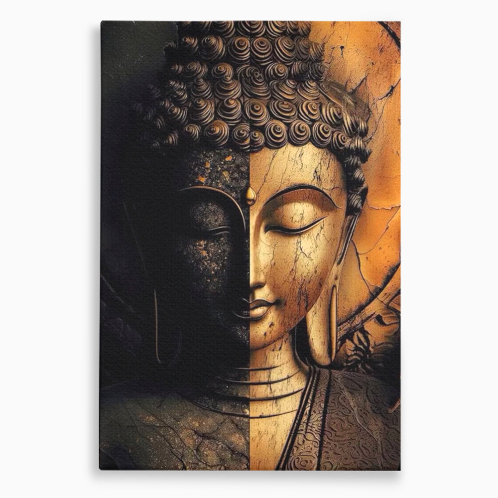 Tablou canvas cu tablou canvas cu chipul lui buddha in doua culori, fara rama, pe sasiu de lemn